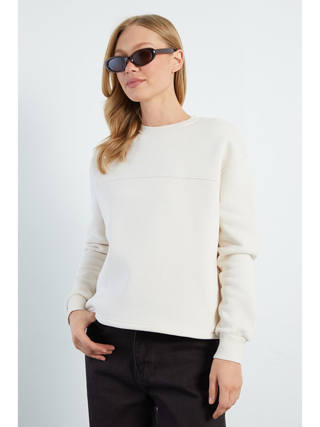 Bej 3 İplik Stoperli Oversize Sweatshirt-1