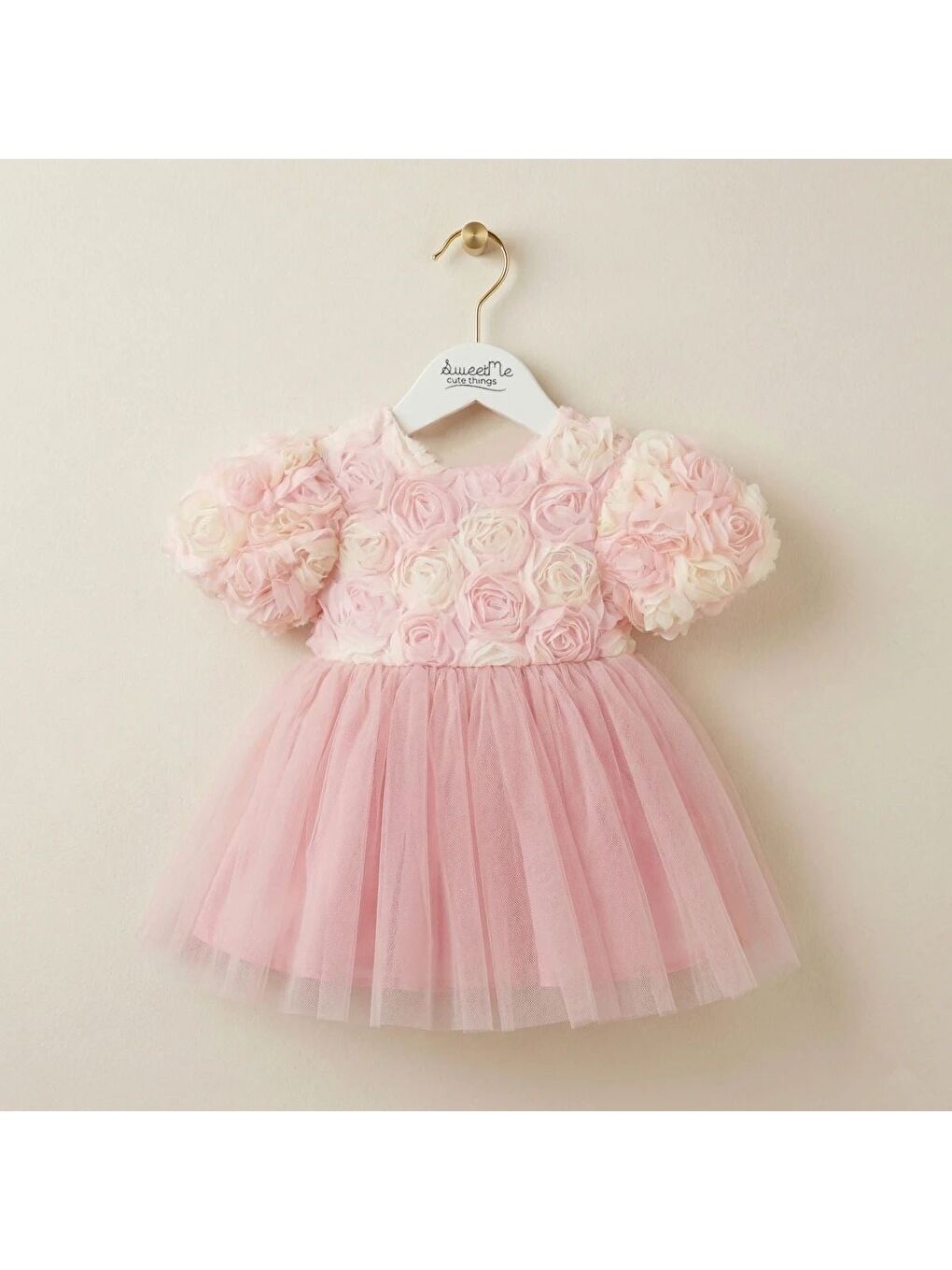 Kız Çocuk Pamuklu Pembe Gül Aplikeli Tütü Elbise-1