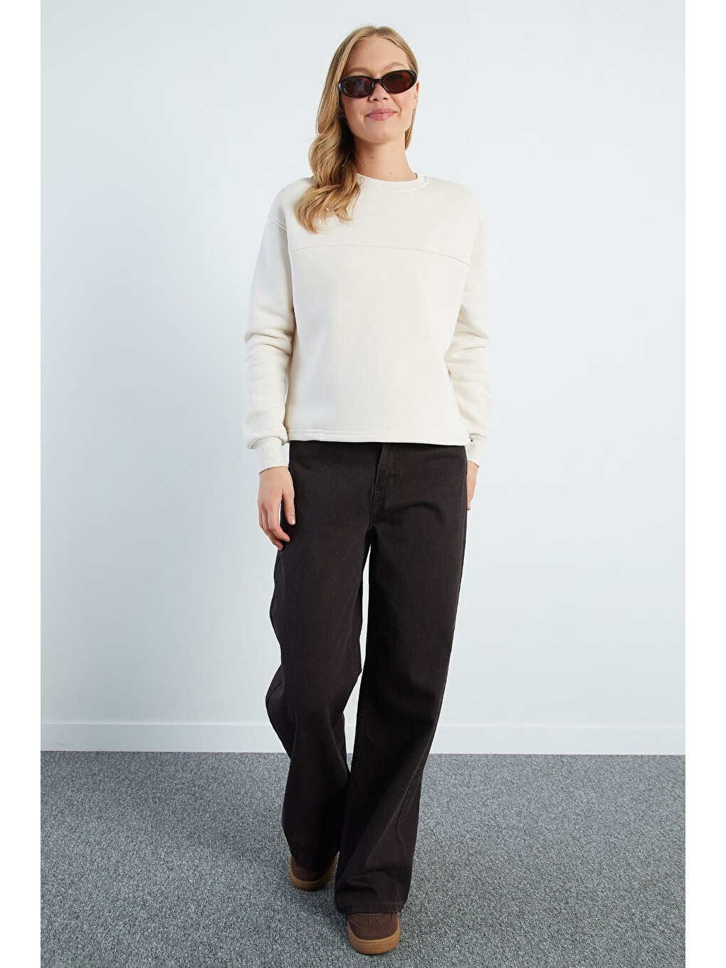 Bej 3 İplik Stoperli Oversize Sweatshirt-2