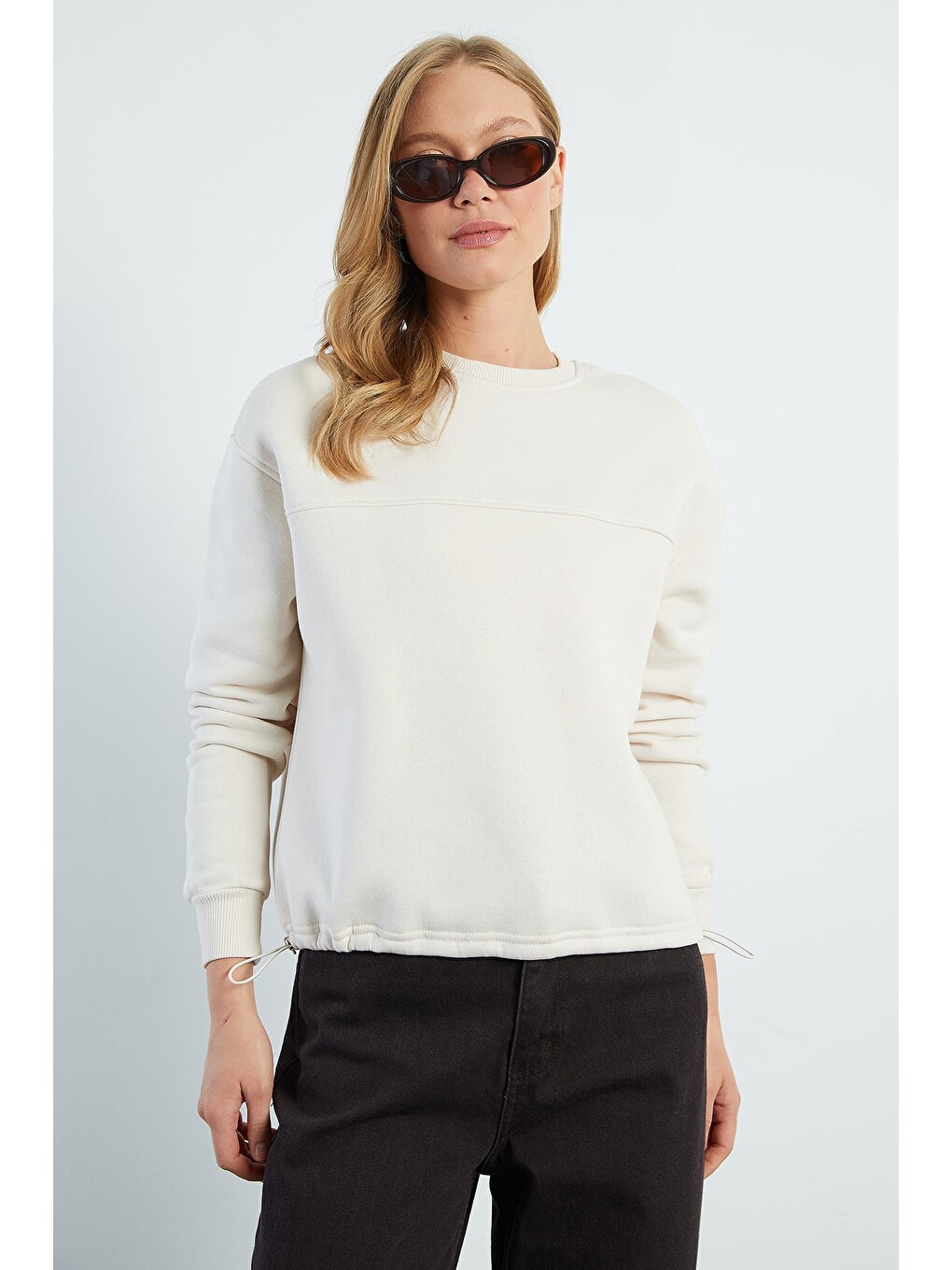 Bej 3 İplik Stoperli Oversize Sweatshirt-4
