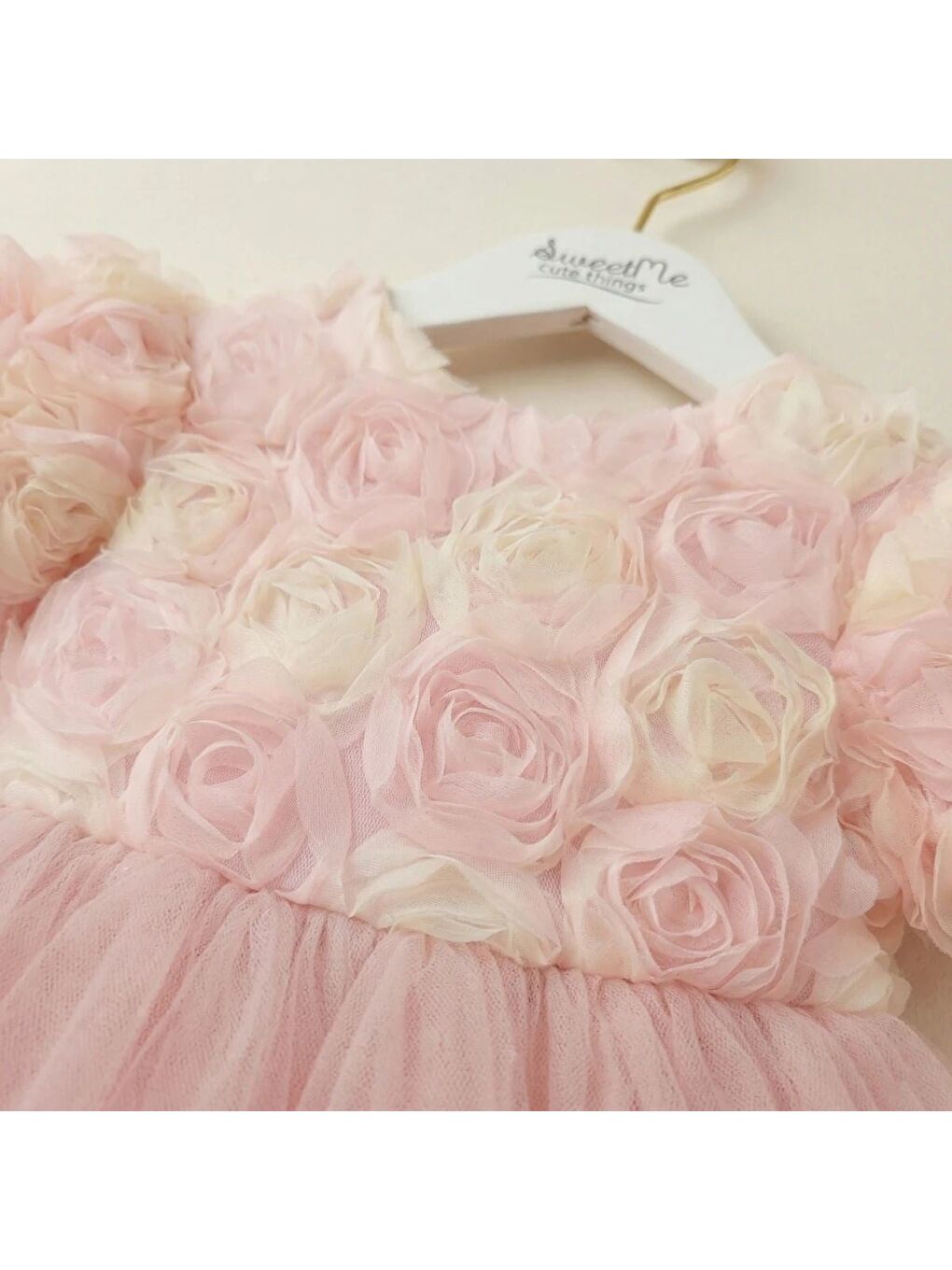 Kız Çocuk Pamuklu Pembe Gül Aplikeli Tütü Elbise-2