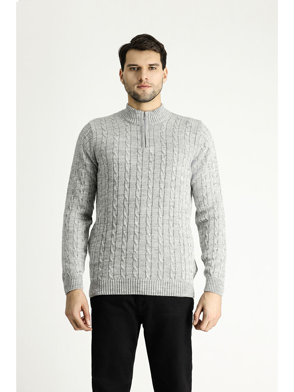 Gri Bato Yaka Regular Fit Fermuarlı Desenli Triko Büyük Beden Kazak