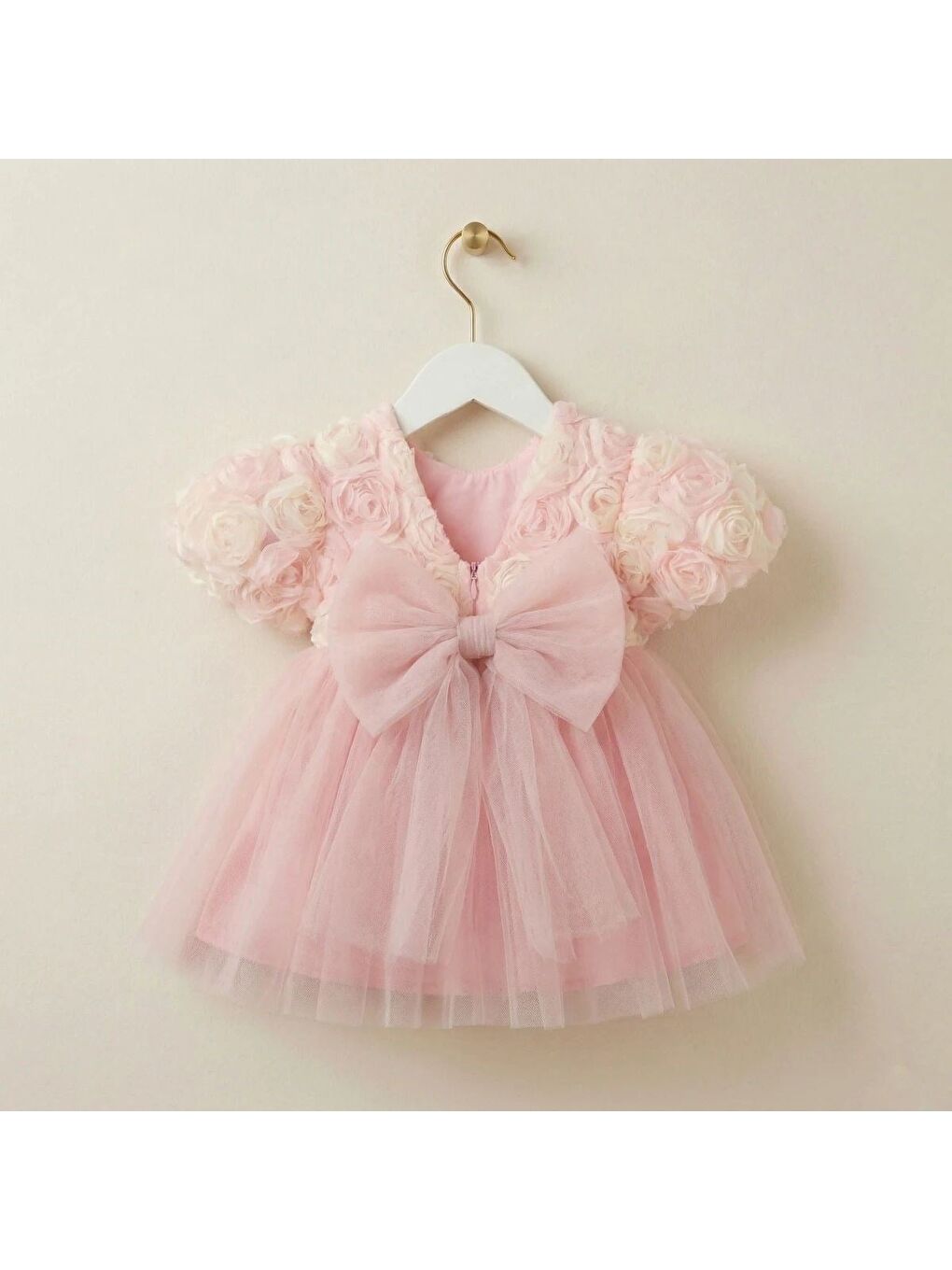 Kız Çocuk Pamuklu Pembe Gül Aplikeli Tütü Elbise-3