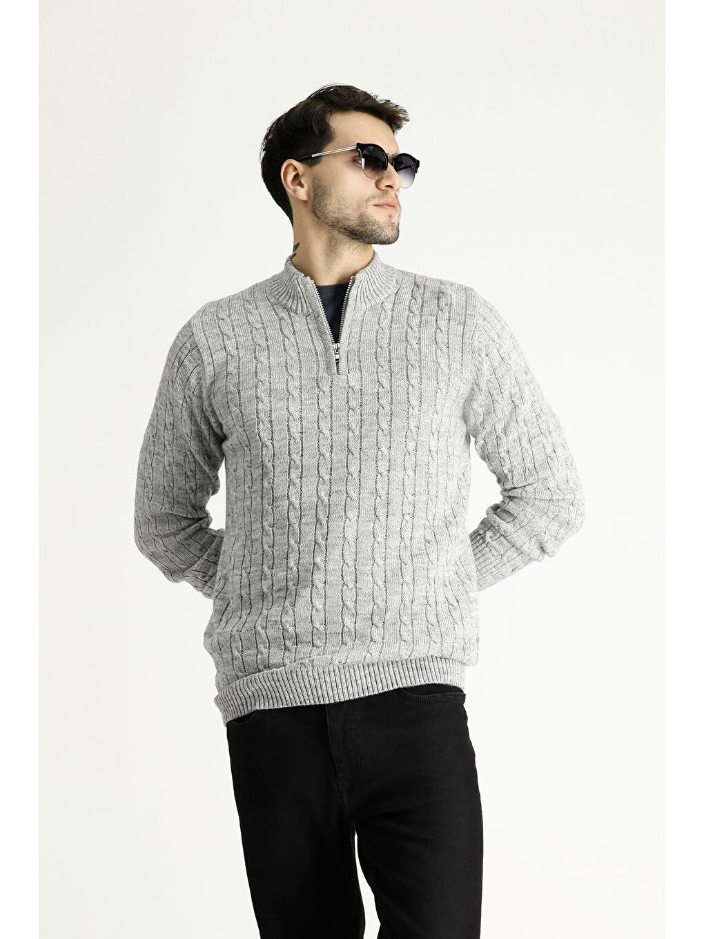 Gri Bato Yaka Regular Fit Fermuarlı Desenli Triko Büyük Beden Kazak-2