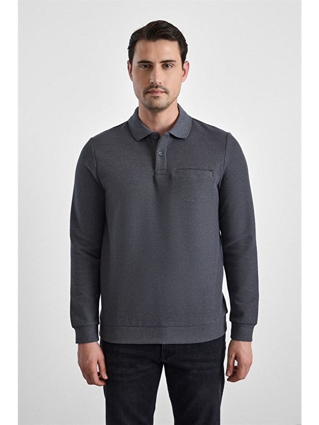 Gri Regular Düz Baskısız Selanik Düğmeli Polo Yaka Torba Cep Trikolu Standart Sweatshirt
