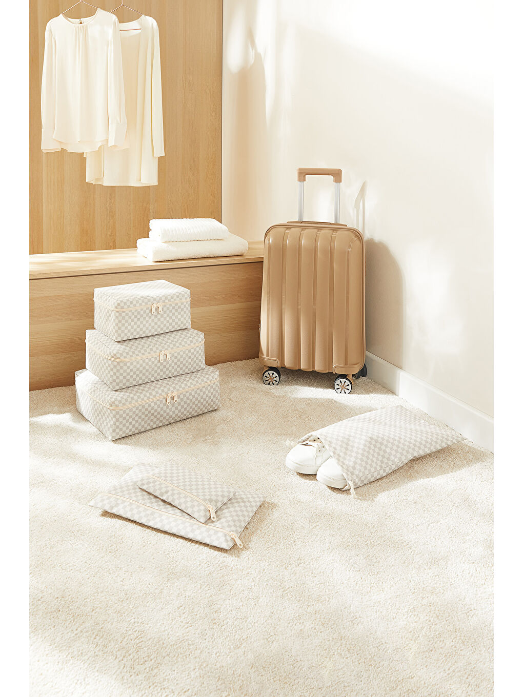 6'lı Gri Dama Desen Pamuklu Bavul İçi Düzenleyici Set