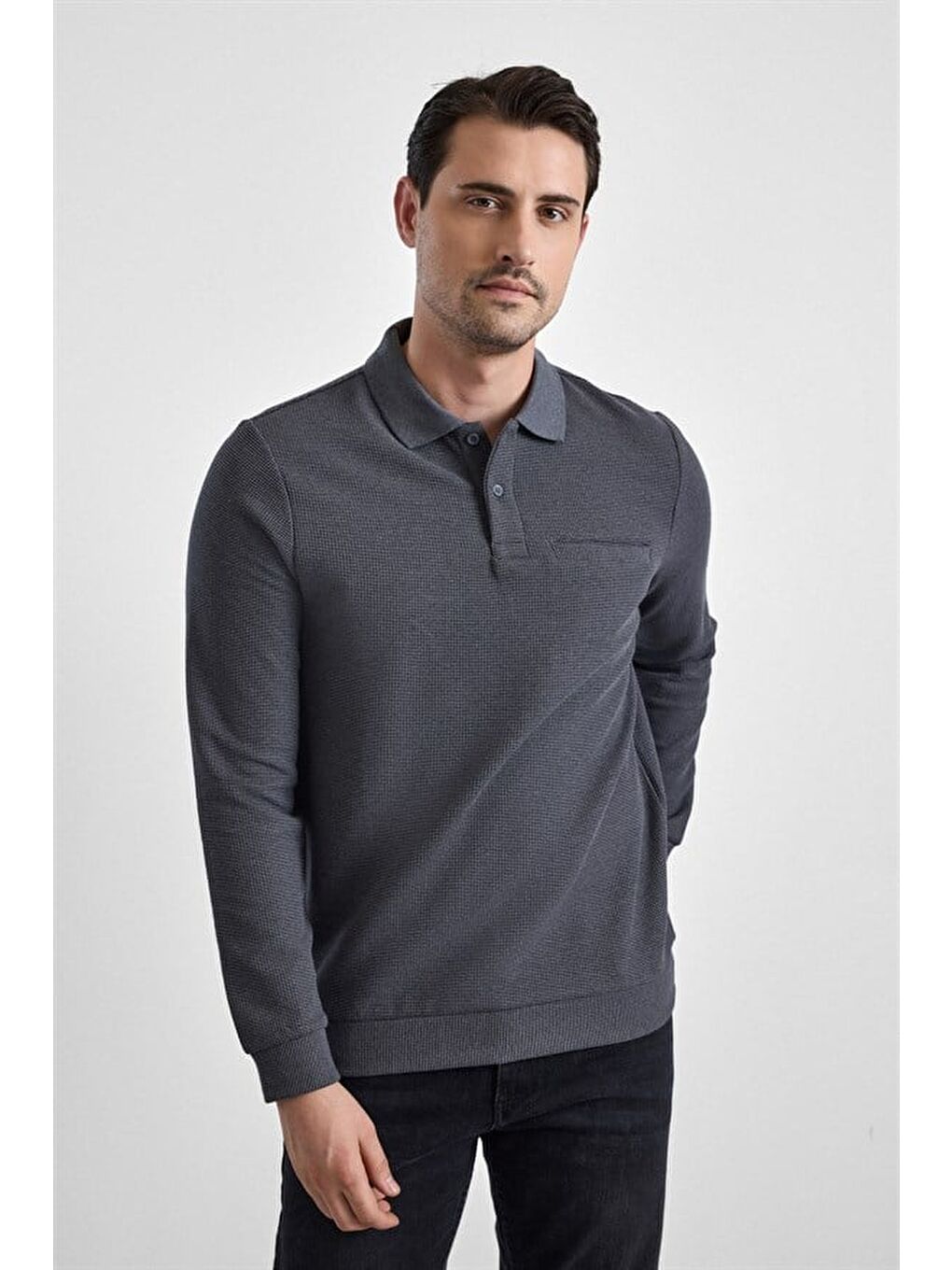Gri Regular Düz Baskısız Selanik Düğmeli Polo Yaka Torba Cep Trikolu Standart Sweatshirt-1