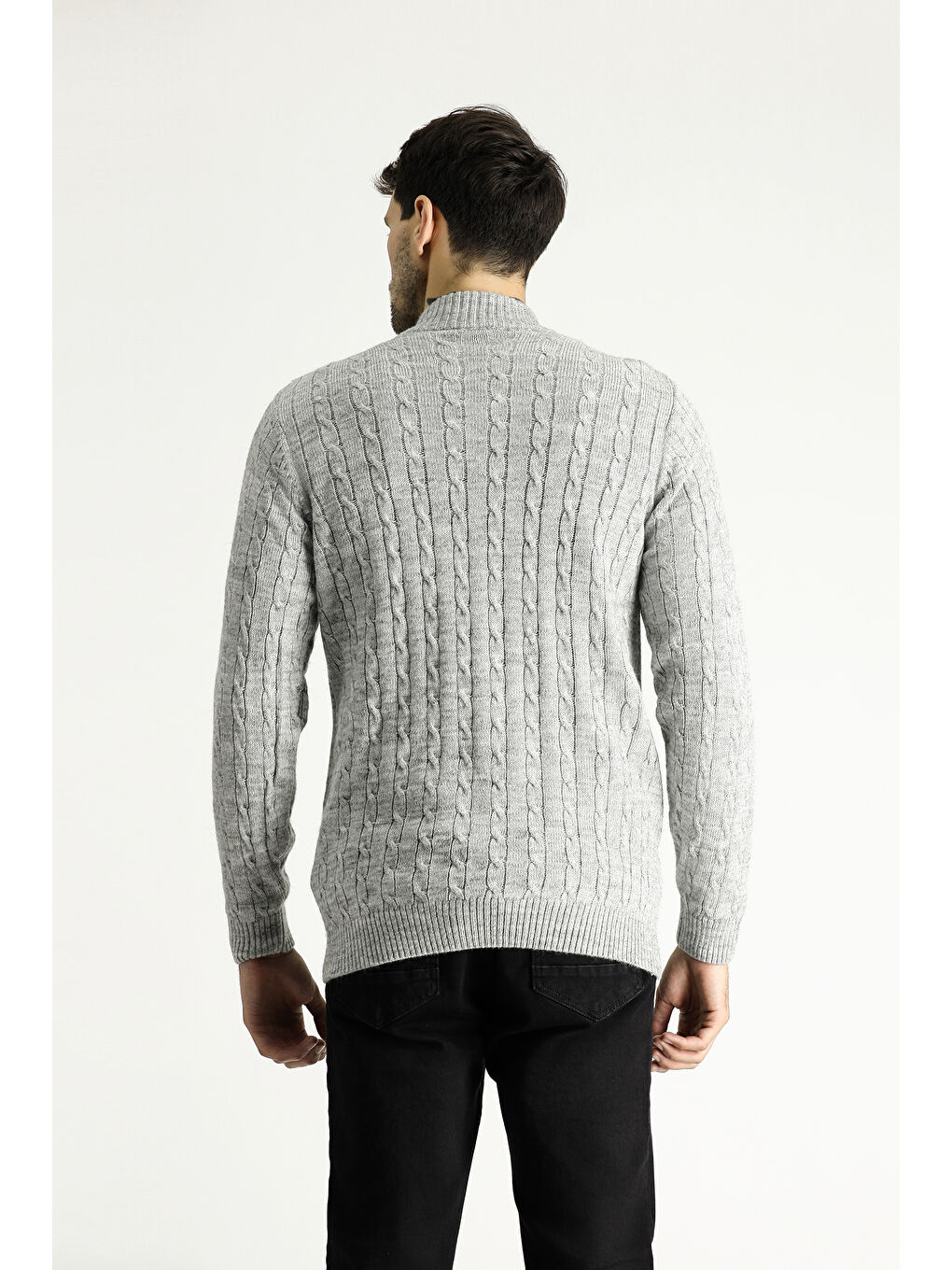 Gri Bato Yaka Regular Fit Fermuarlı Desenli Triko Büyük Beden Kazak-3