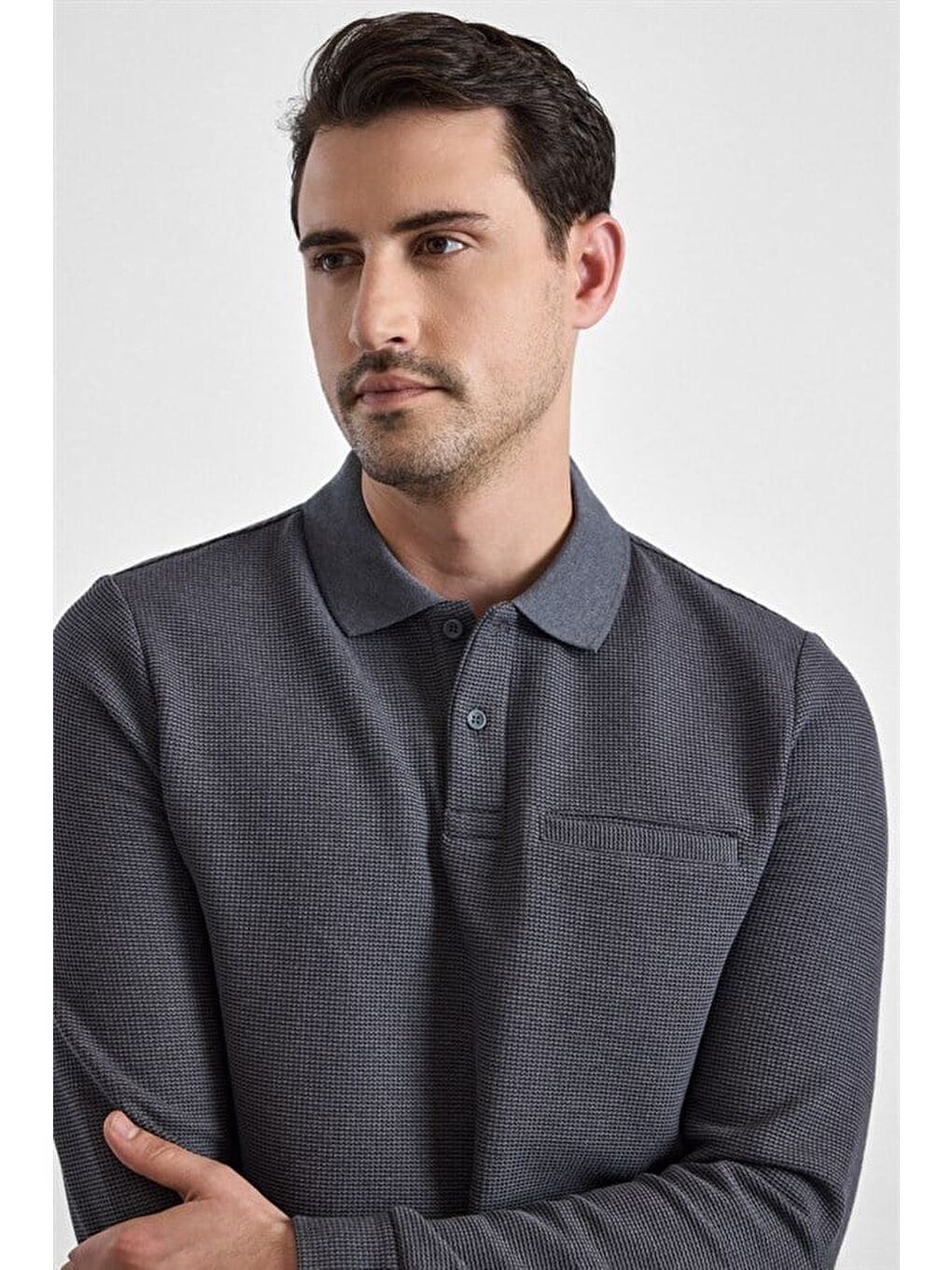 Gri Regular Düz Baskısız Selanik Düğmeli Polo Yaka Torba Cep Trikolu Standart Sweatshirt-2