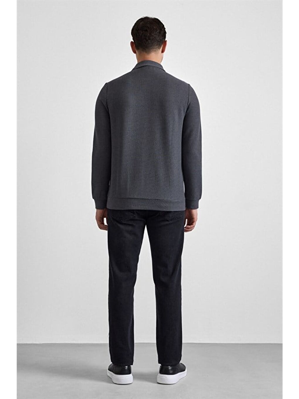 Gri Regular Düz Baskısız Selanik Düğmeli Polo Yaka Torba Cep Trikolu Standart Sweatshirt-3