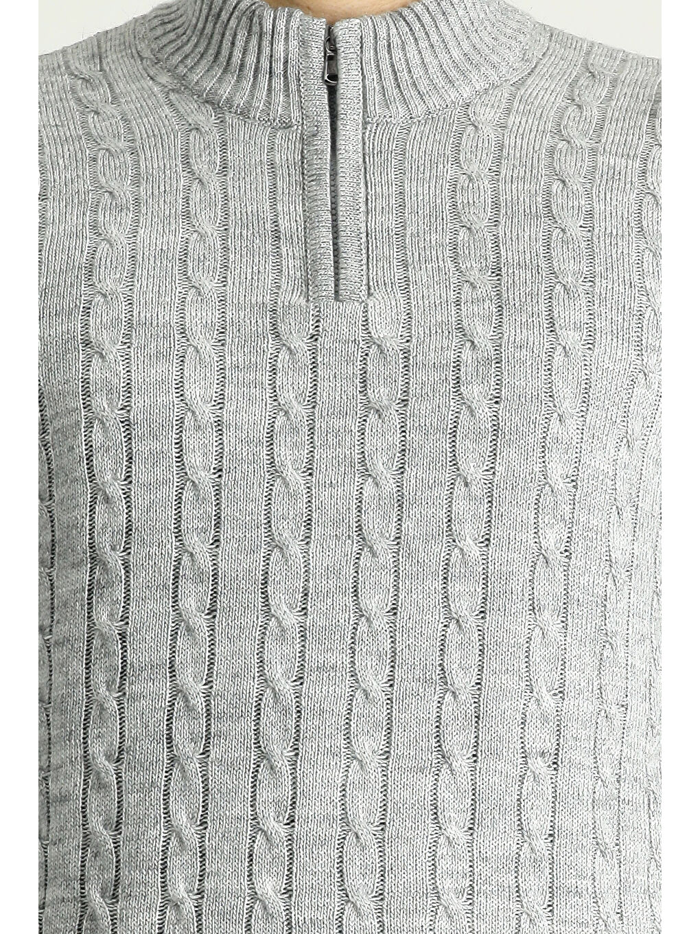 Gri Bato Yaka Regular Fit Fermuarlı Desenli Triko Büyük Beden Kazak-4