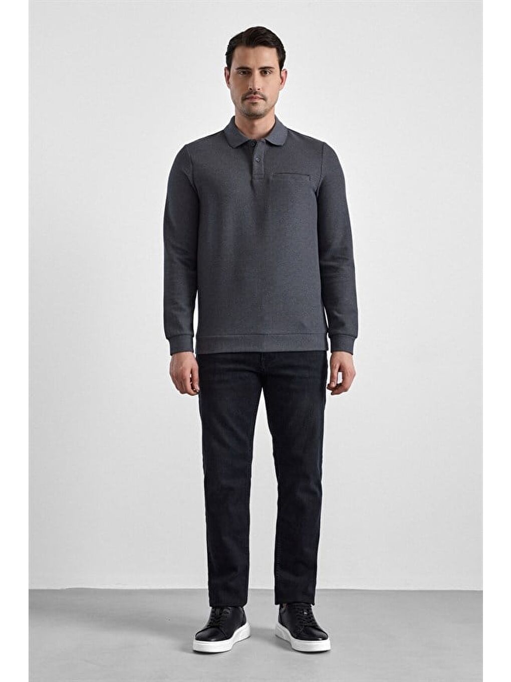 Gri Regular Düz Baskısız Selanik Düğmeli Polo Yaka Torba Cep Trikolu Standart Sweatshirt-4