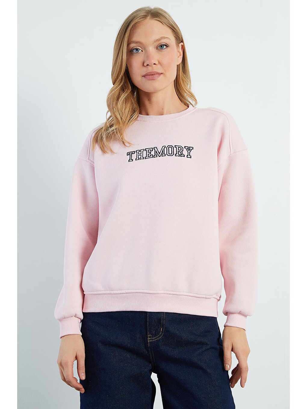 Pembe 3 İplik Themory Nakışlı Oversize Sweatshirt
