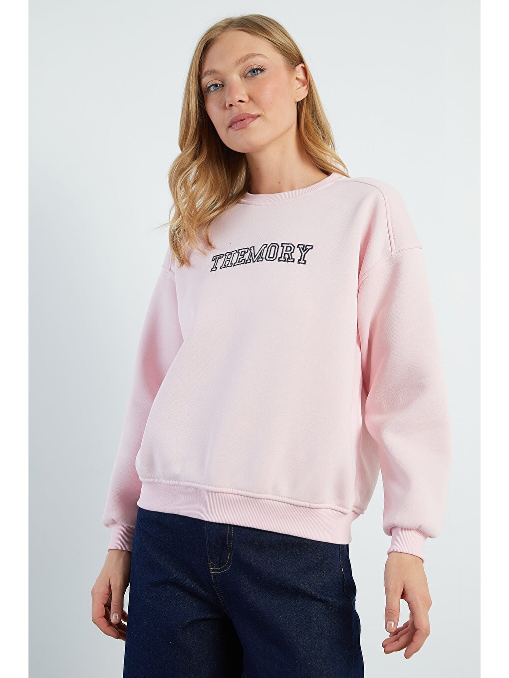 Pembe 3 İplik Themory Nakışlı Oversize Sweatshirt-4