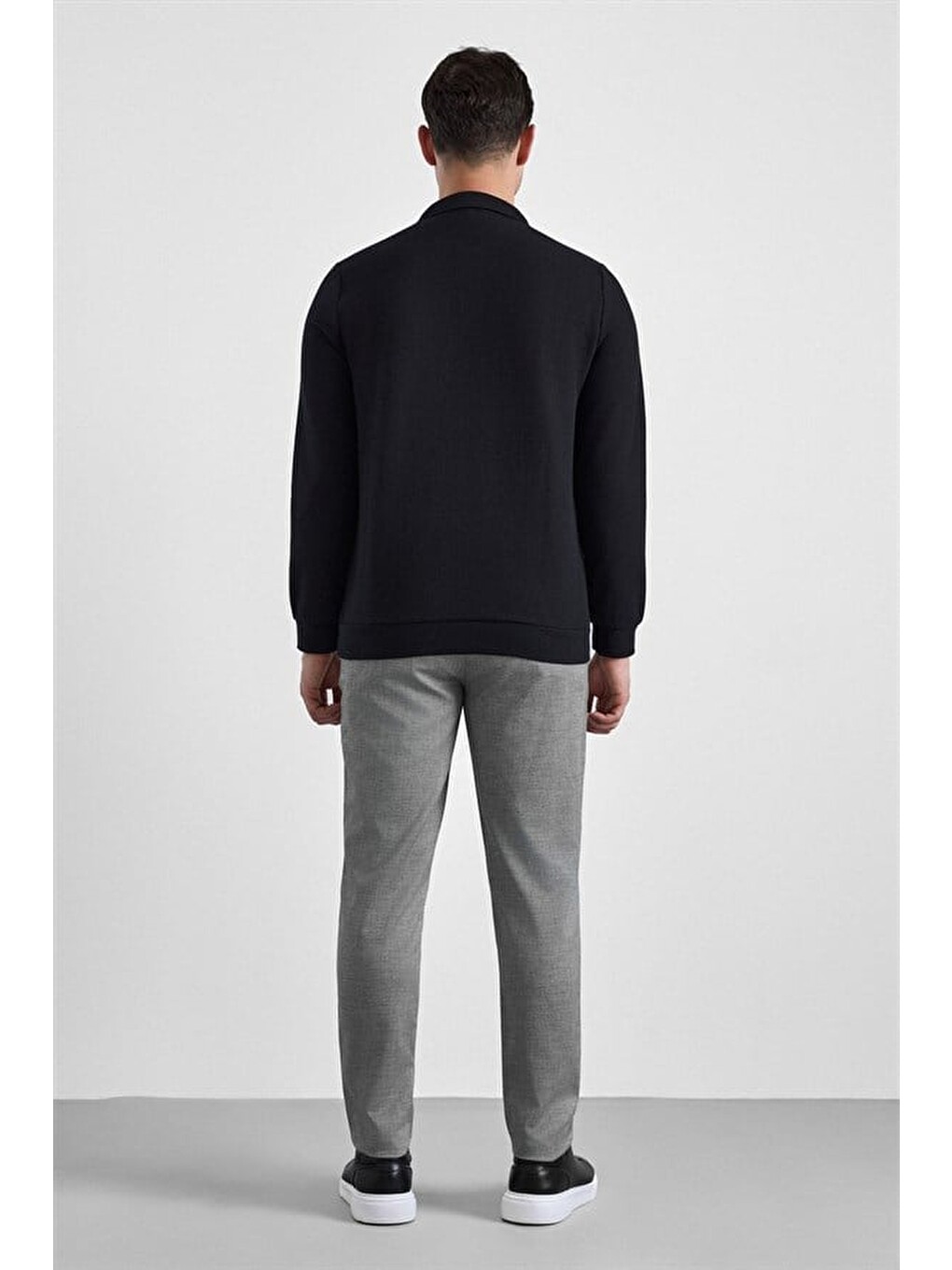 Siyah Regular Düz Baskısız Selanik Düğmeli Polo Yaka Torba Cep Trikolu Standart Sweatshirt-3
