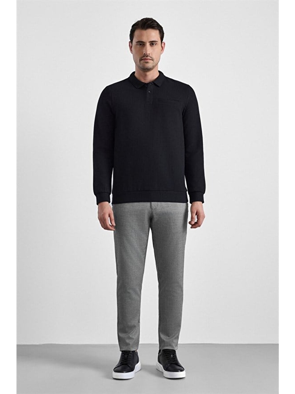 Siyah Regular Düz Baskısız Selanik Düğmeli Polo Yaka Torba Cep Trikolu Standart Sweatshirt-4