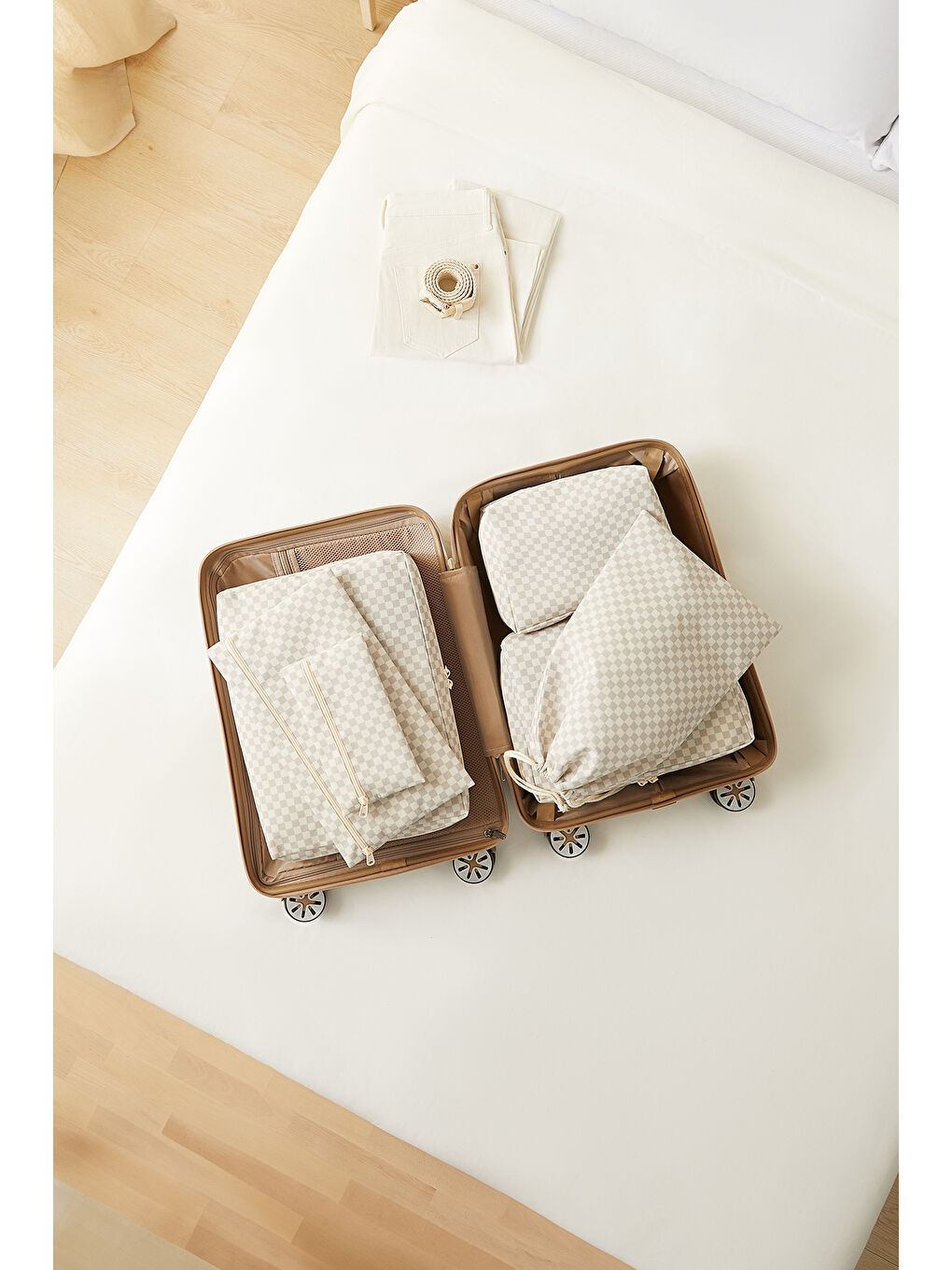 6'lı Gri Dama Desen Pamuklu Bavul İçi Düzenleyici Set-1