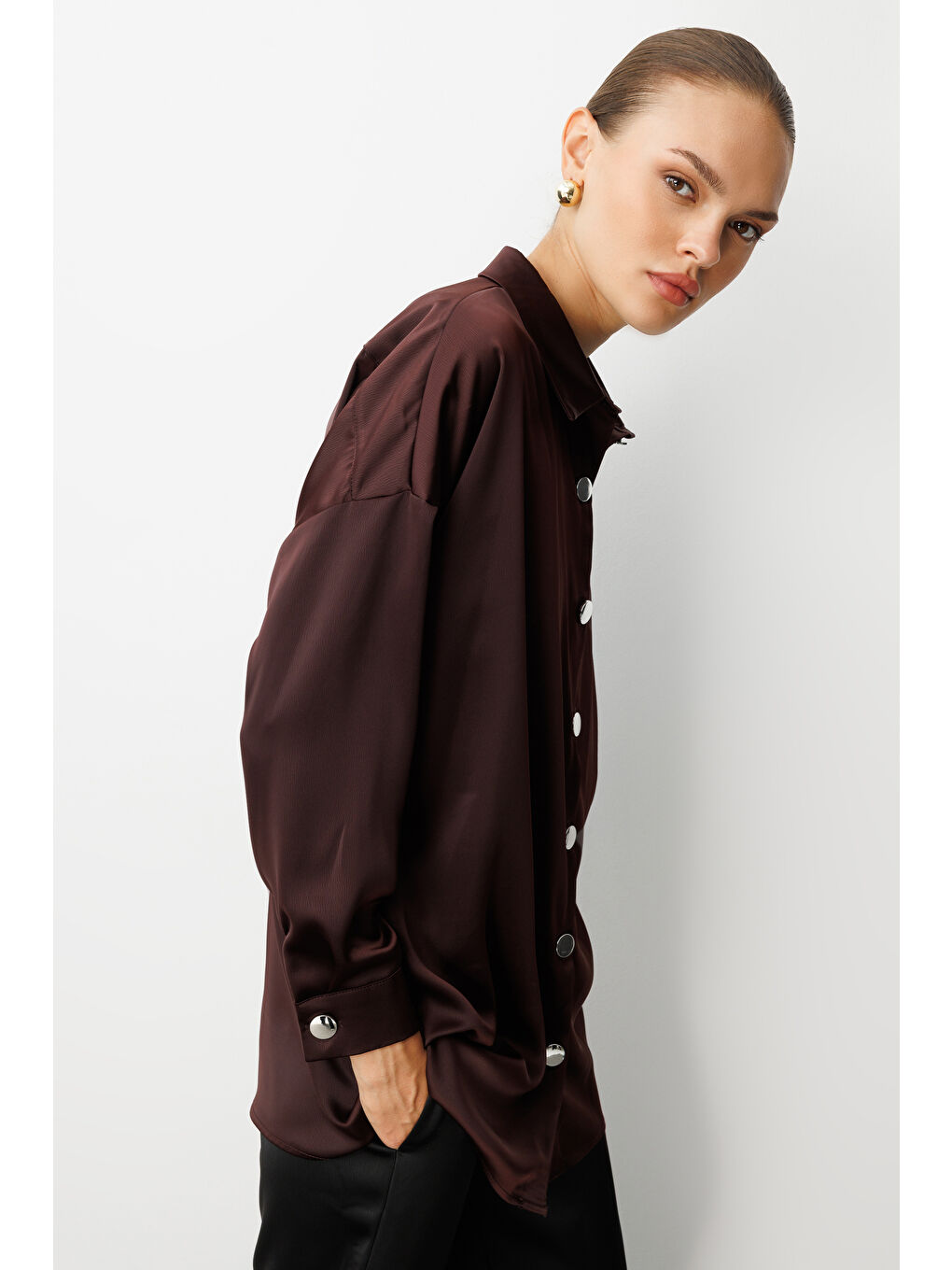 Metal Düğmeli Kahverengi Saten Tunik Gömlek-2