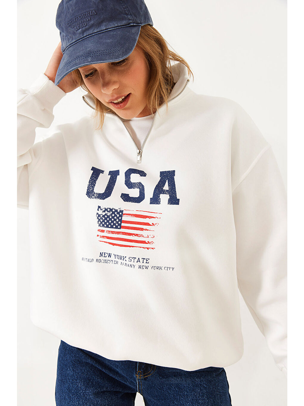 SHADE Beyaz Kadın arım Fermuarlı USA Baskılı Dik Yaka Sweatshirt