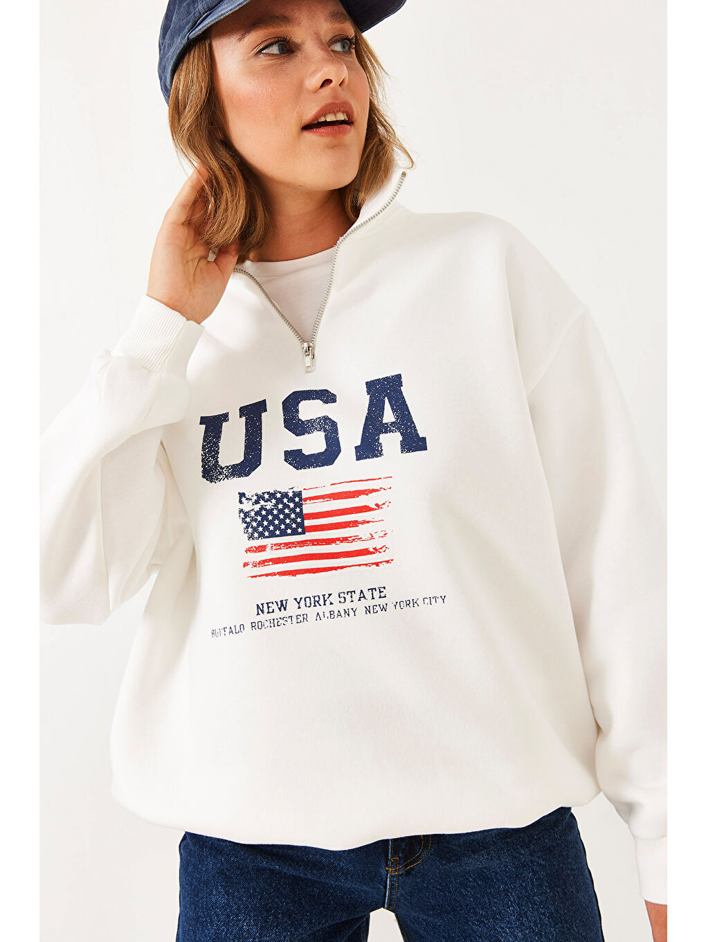 SHADE Beyaz Kadın arım Fermuarlı USA Baskılı Dik Yaka Sweatshirt - 1