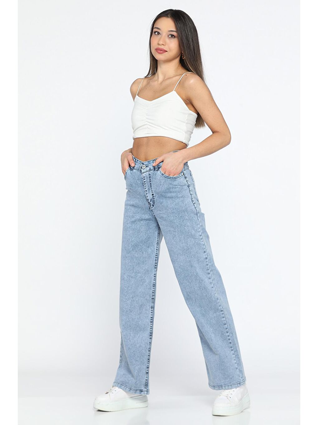 Mavi Yüksek Bel Elastanlı Kadın Palazzo Jean Pantolon-1