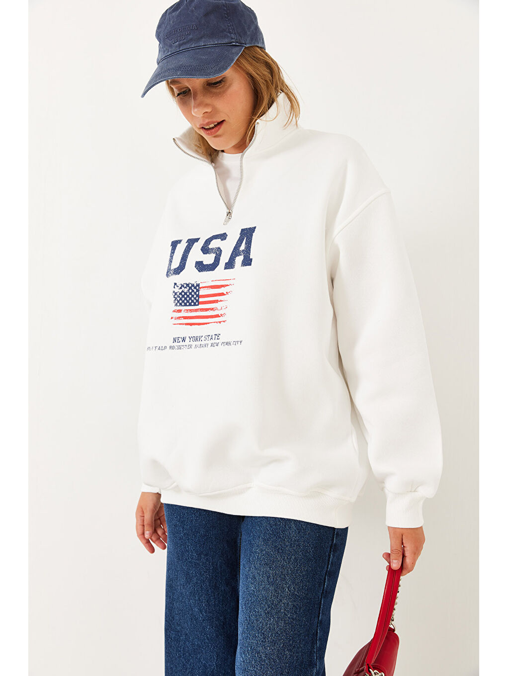 SHADE Beyaz Kadın arım Fermuarlı USA Baskılı Dik Yaka Sweatshirt - 3