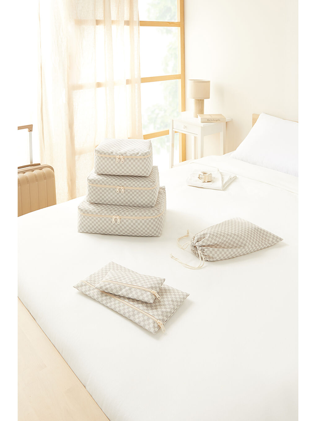 6'lı Gri Dama Desen Pamuklu Bavul İçi Düzenleyici Set-2