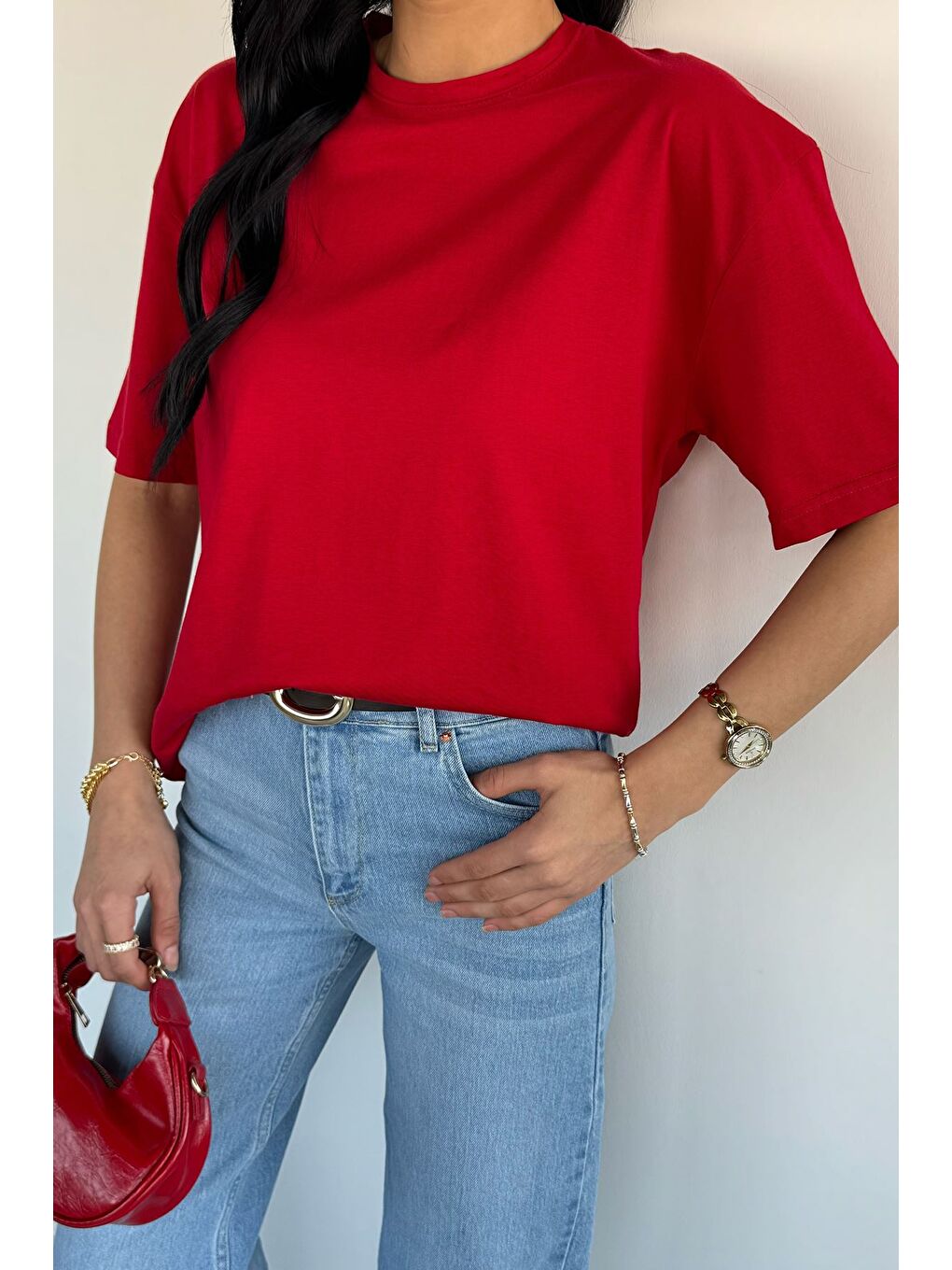 Kırmızı Oversize Basıc Tişört-1