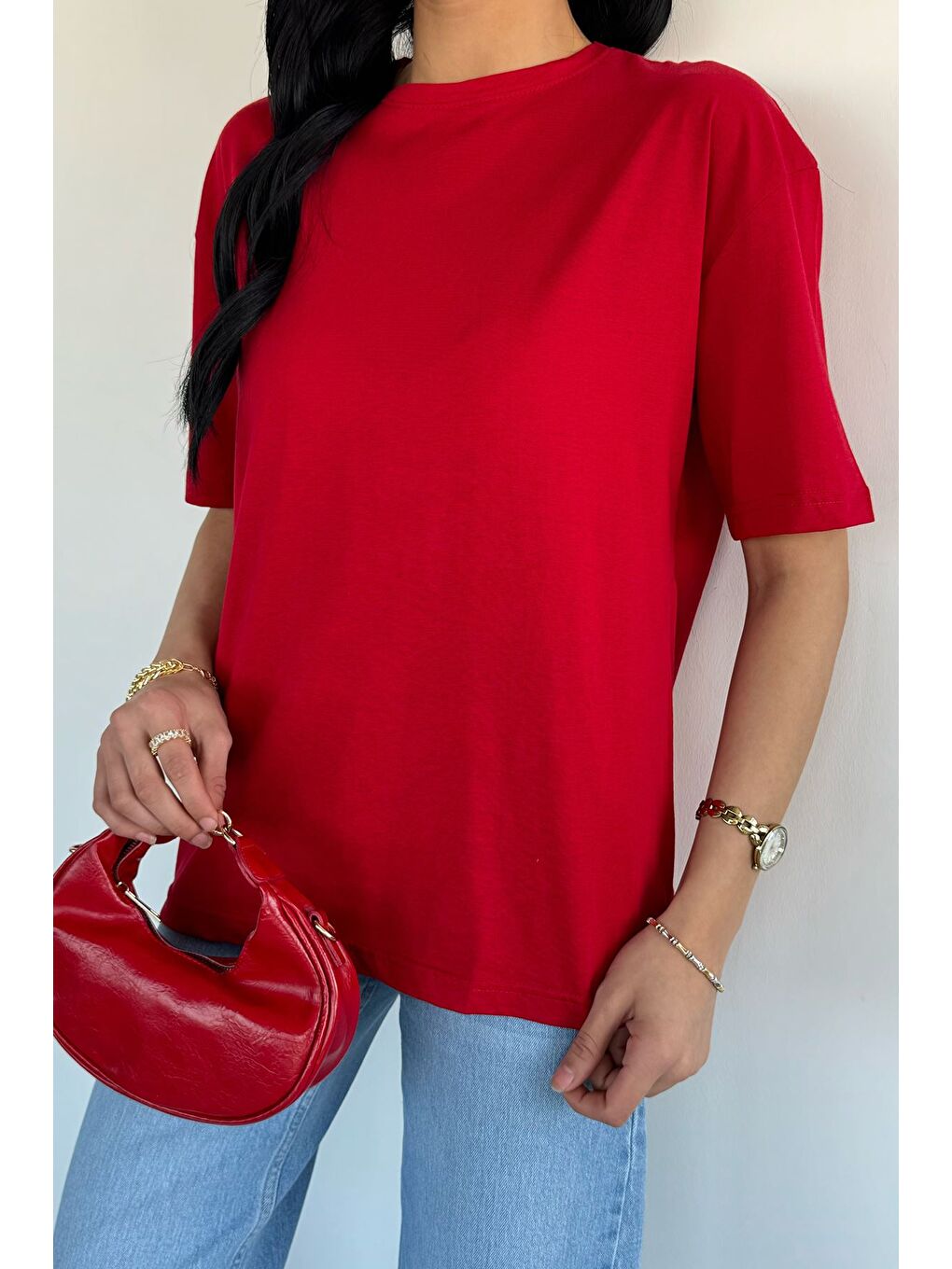 Kırmızı Oversize Basıc Tişört-2