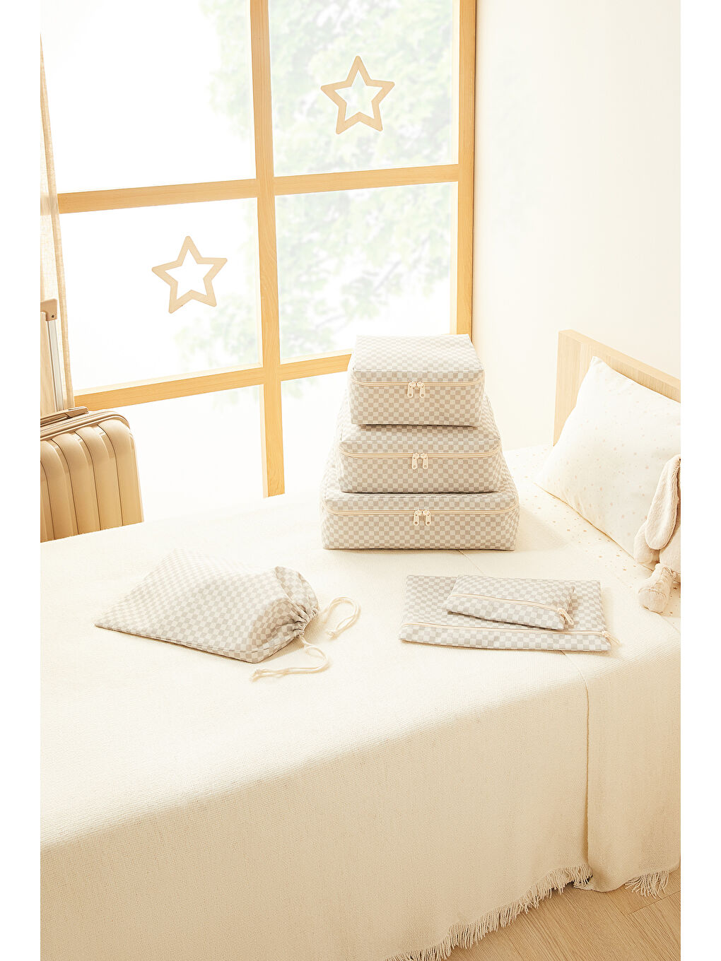 6'lı Gri Dama Desen Pamuklu Bavul İçi Düzenleyici Set-3