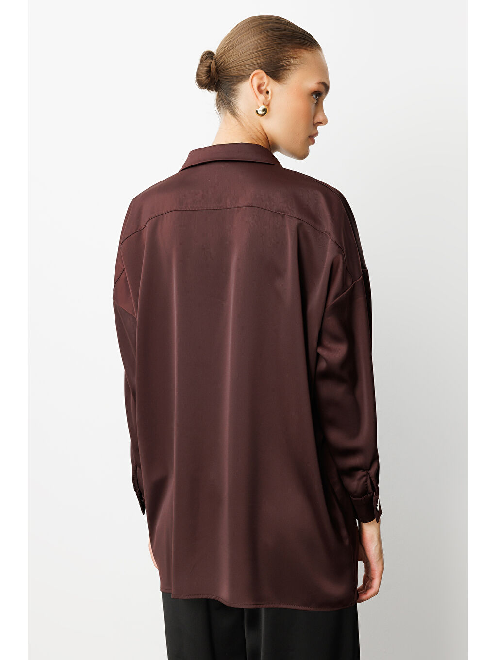 Metal Düğmeli Kahverengi Saten Tunik Gömlek-3