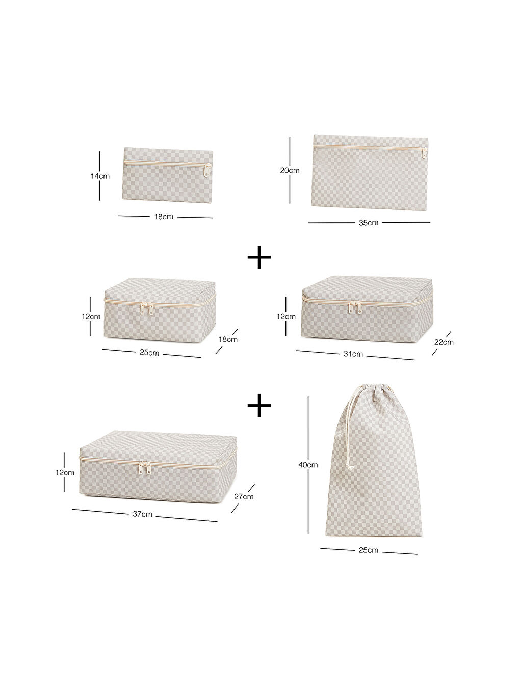 6'lı Gri Dama Desen Pamuklu Bavul İçi Düzenleyici Set-6