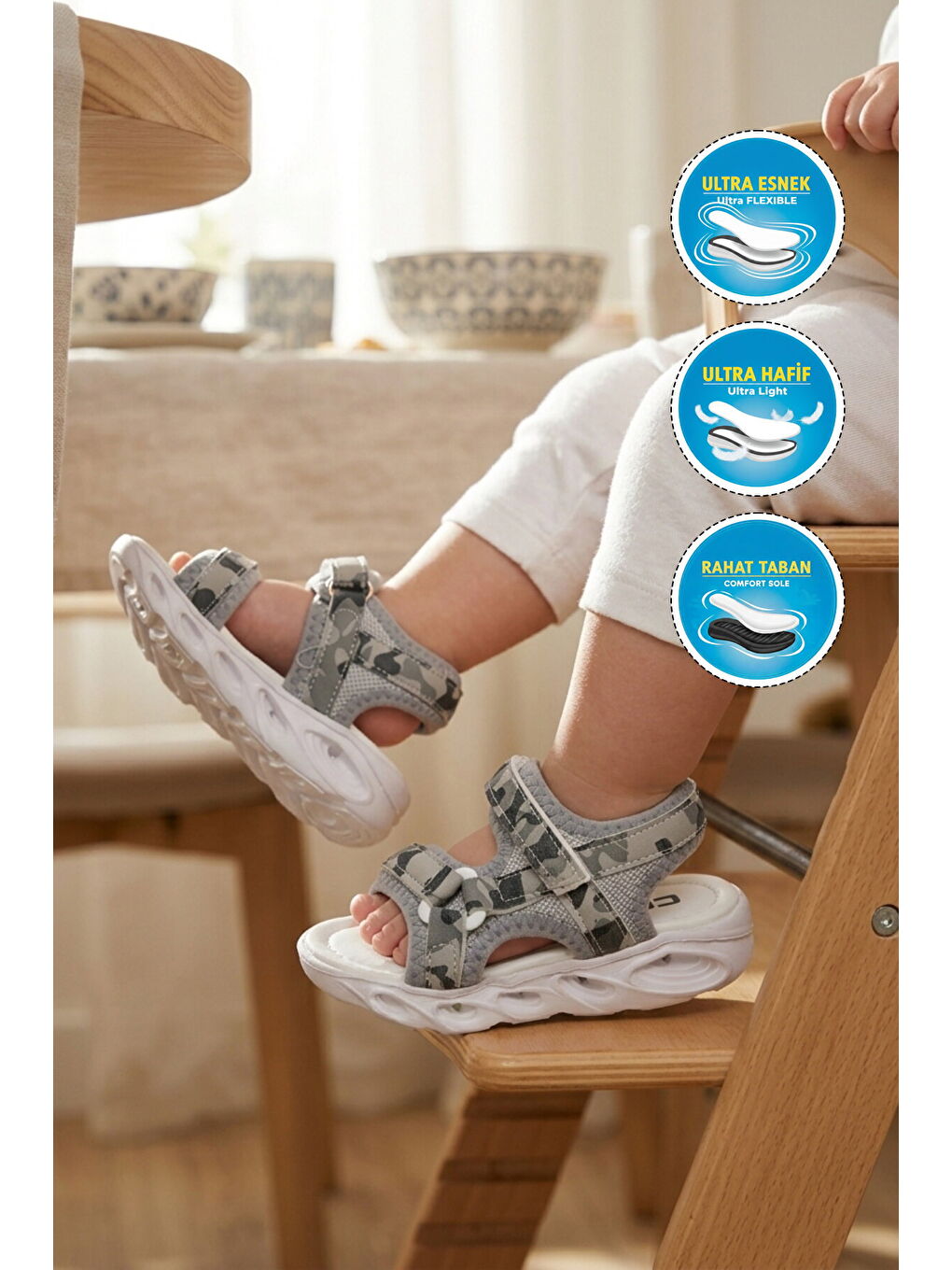 Gri Cırtlı Işıklı Hafif Bebek Sandalet Sage B-2