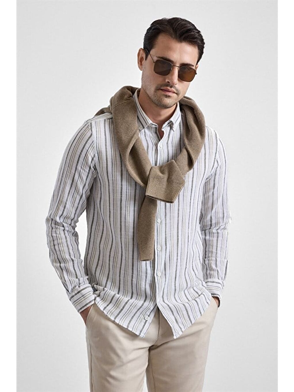 Haki Slim Düğmeli Yaka Düz Düz Kapaksız Cep Düğmeli Uzun Kollu Standart Casual Gömlek