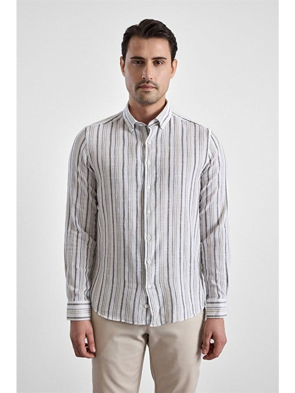 Haki Slim Düğmeli Yaka Düz Düz Kapaksız Cep Düğmeli Uzun Kollu Standart Casual Gömlek-1