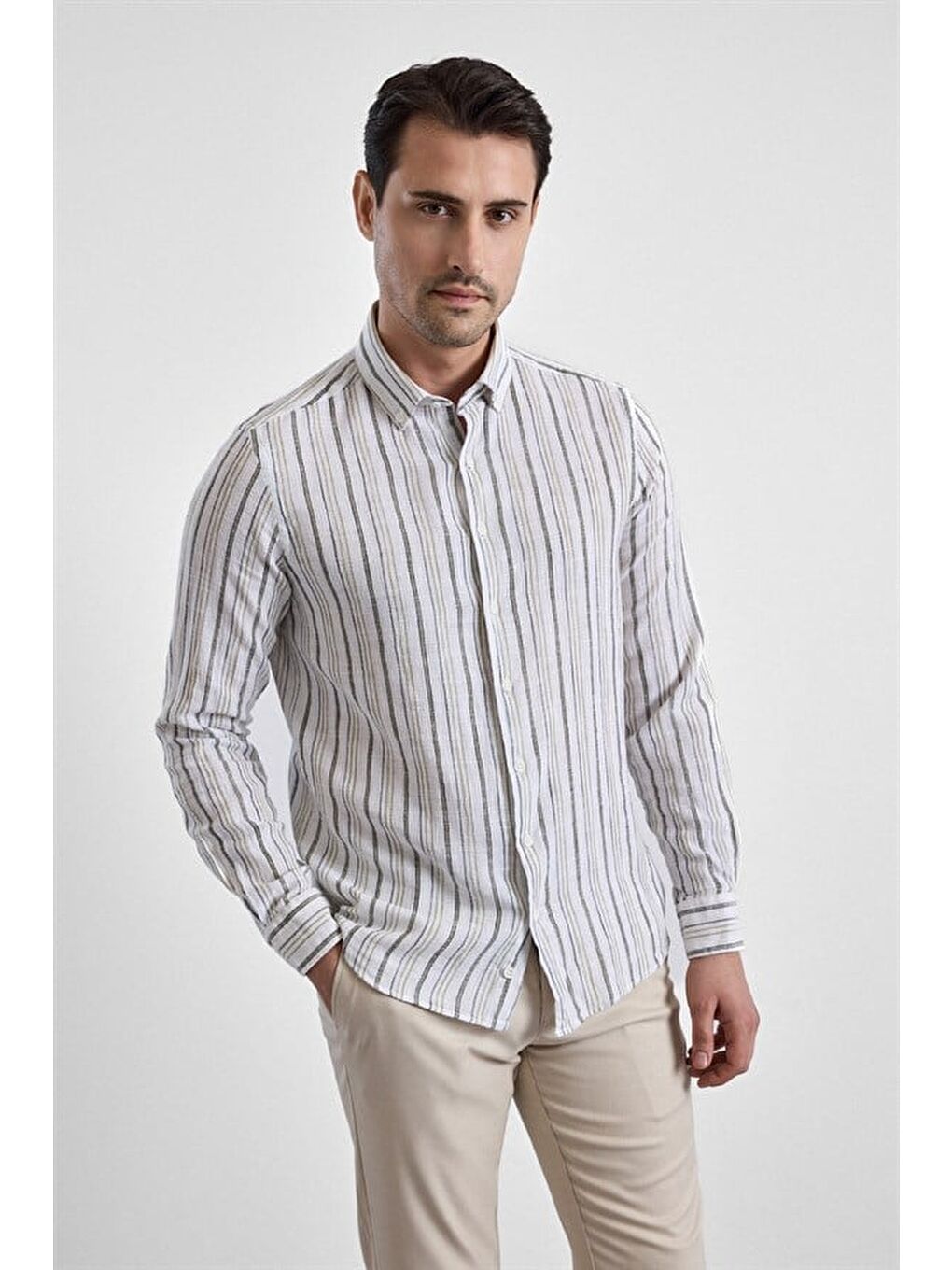 Haki Slim Düğmeli Yaka Düz Düz Kapaksız Cep Düğmeli Uzun Kollu Standart Casual Gömlek-2