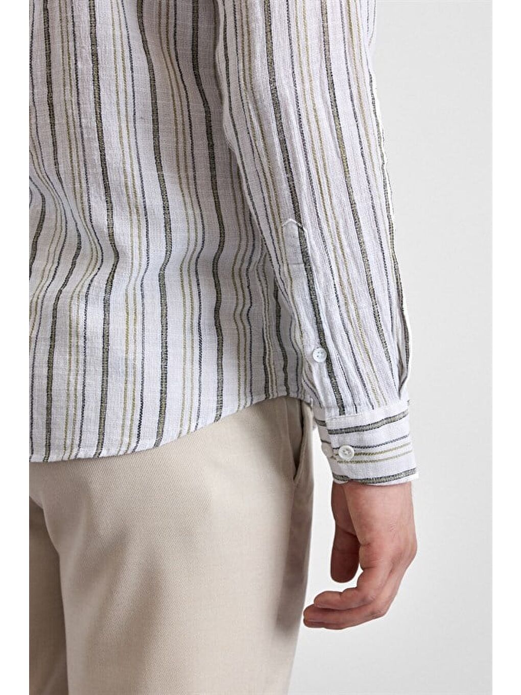 Haki Slim Düğmeli Yaka Düz Düz Kapaksız Cep Düğmeli Uzun Kollu Standart Casual Gömlek-3