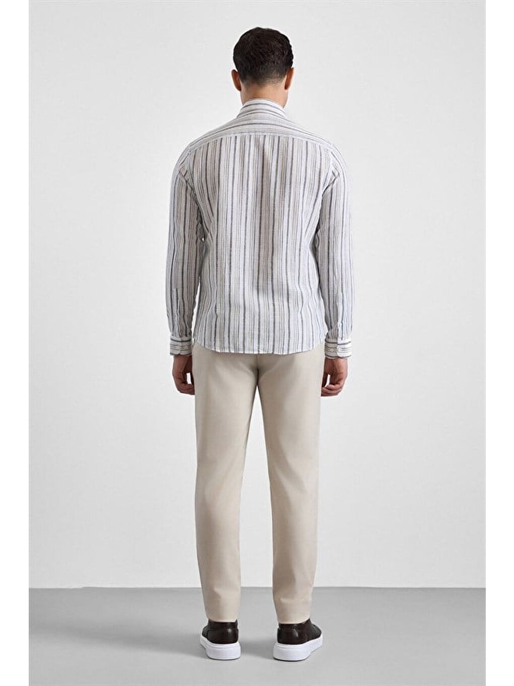 Haki Slim Düğmeli Yaka Düz Düz Kapaksız Cep Düğmeli Uzun Kollu Standart Casual Gömlek-5