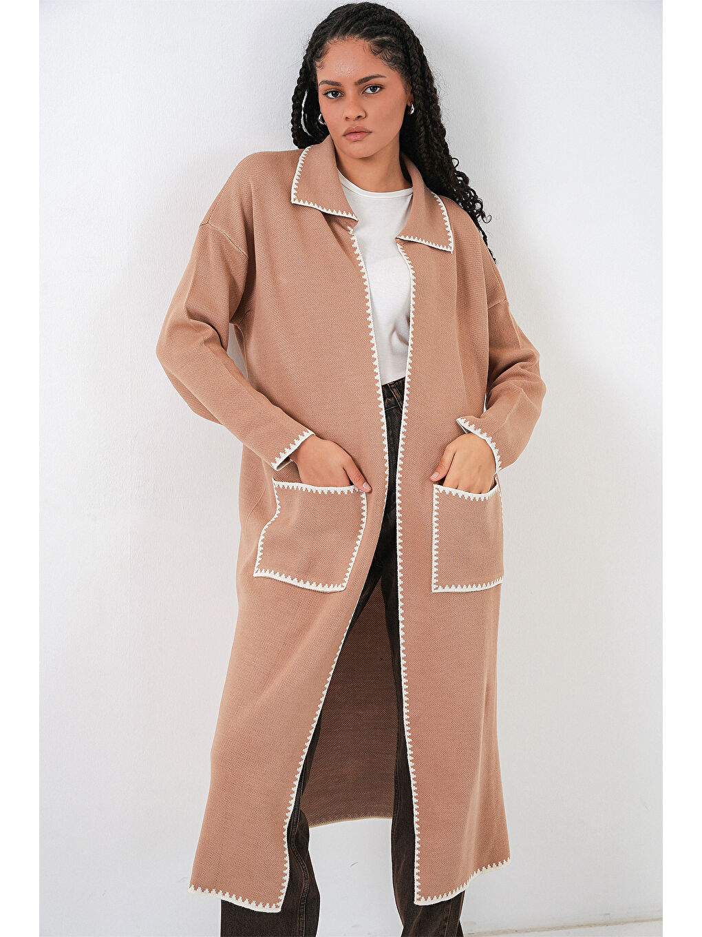 Sarı Kadın Uzun Oversize Triko Hırka 15962 - Camel