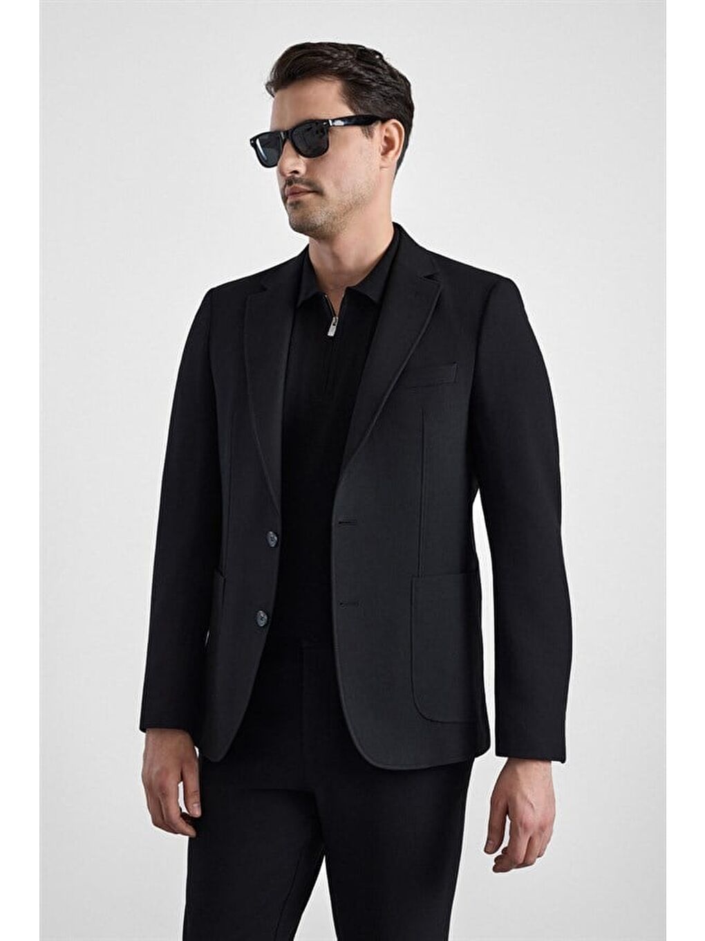 Siyah Slim Mono Yaka Düz Torba Cep 6 Drop Takım Elbise-1