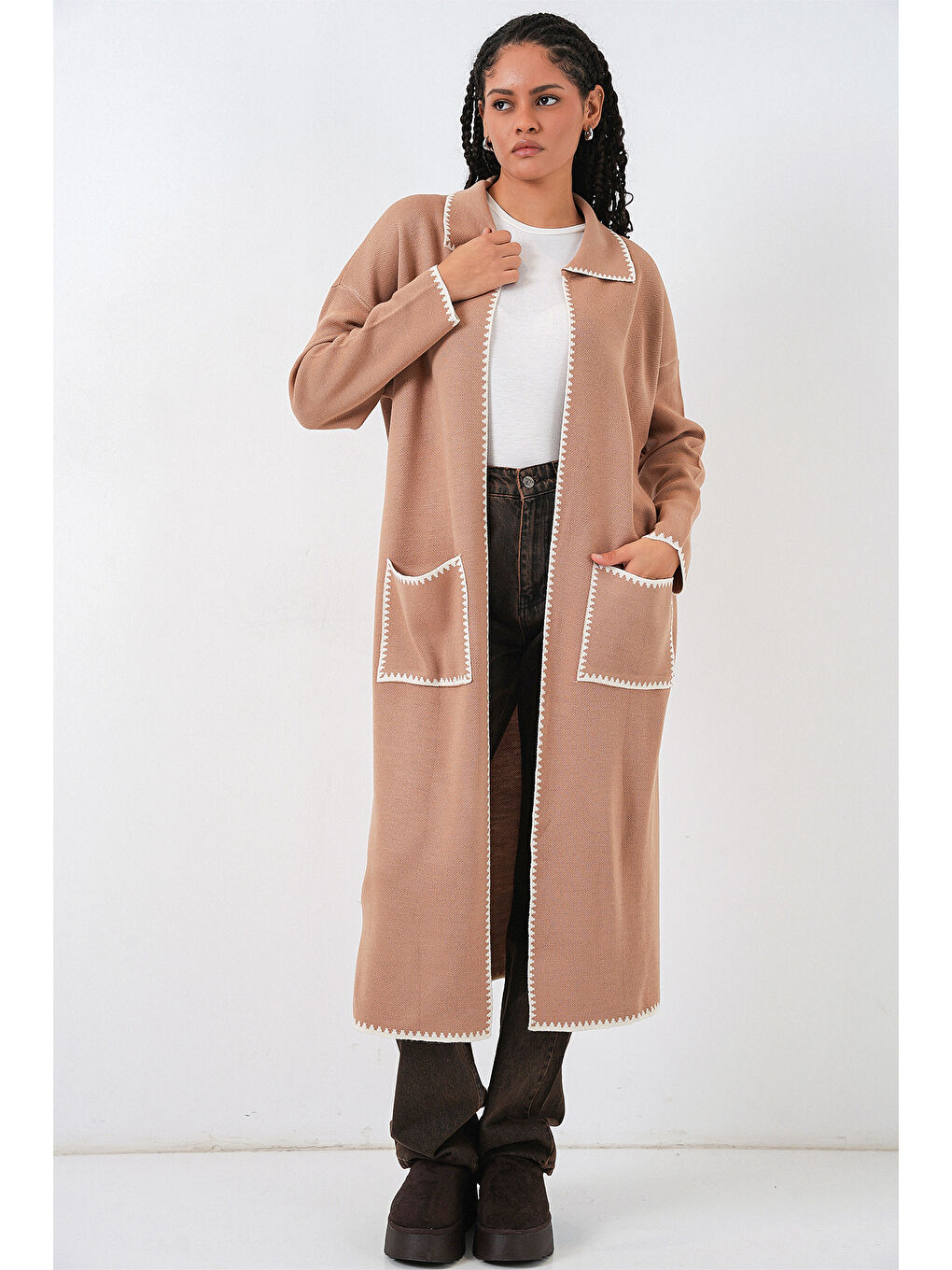 Sarı Kadın Uzun Oversize Triko Hırka 15962 - Camel-1