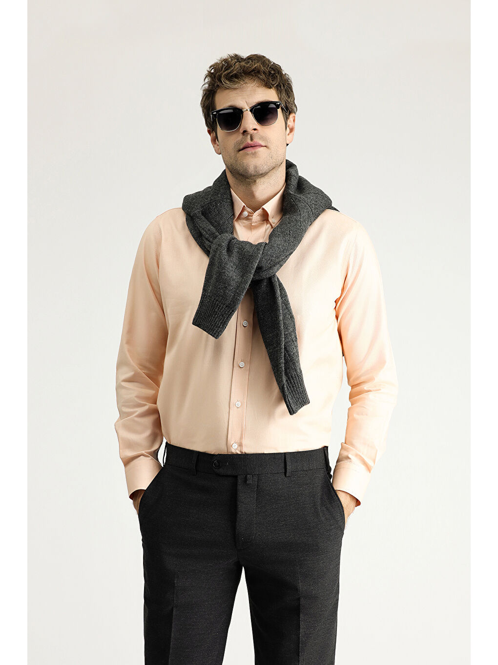 Turuncu Uzun Kol Slim Fit Dar Kesim Oxford Pamuk Düğmeli Yaka %100 Pamuk Gömlek