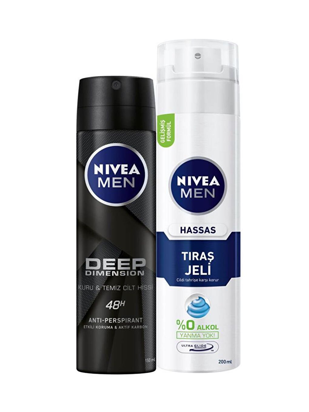 NIVEA Şeffaf Deep Dimension Erkek Sprey Deodorant 150 ml+Tıraş Jeli Hassas Ciltler İçin 200 ml 2'li Set