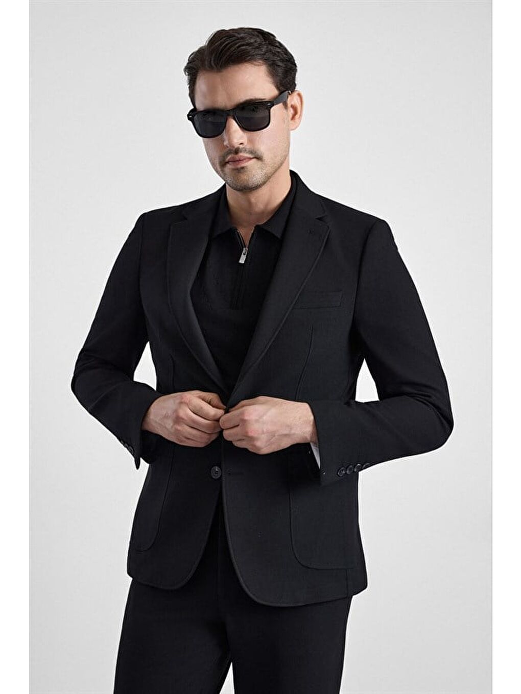 Siyah Slim Mono Yaka Düz Torba Cep 6 Drop Takım Elbise-2