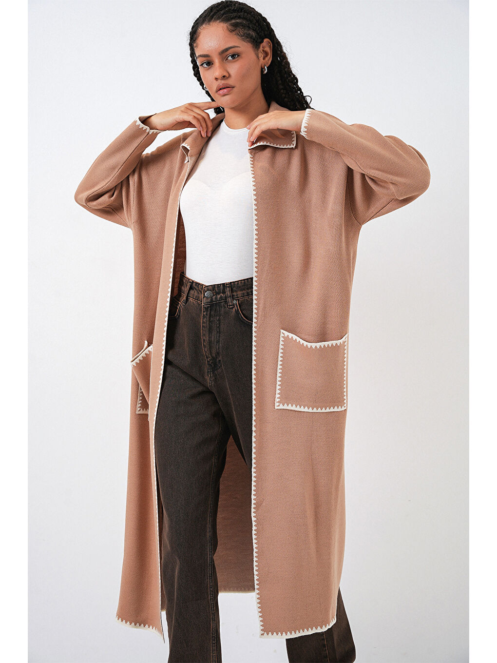 Sarı Kadın Uzun Oversize Triko Hırka 15962 - Camel-2