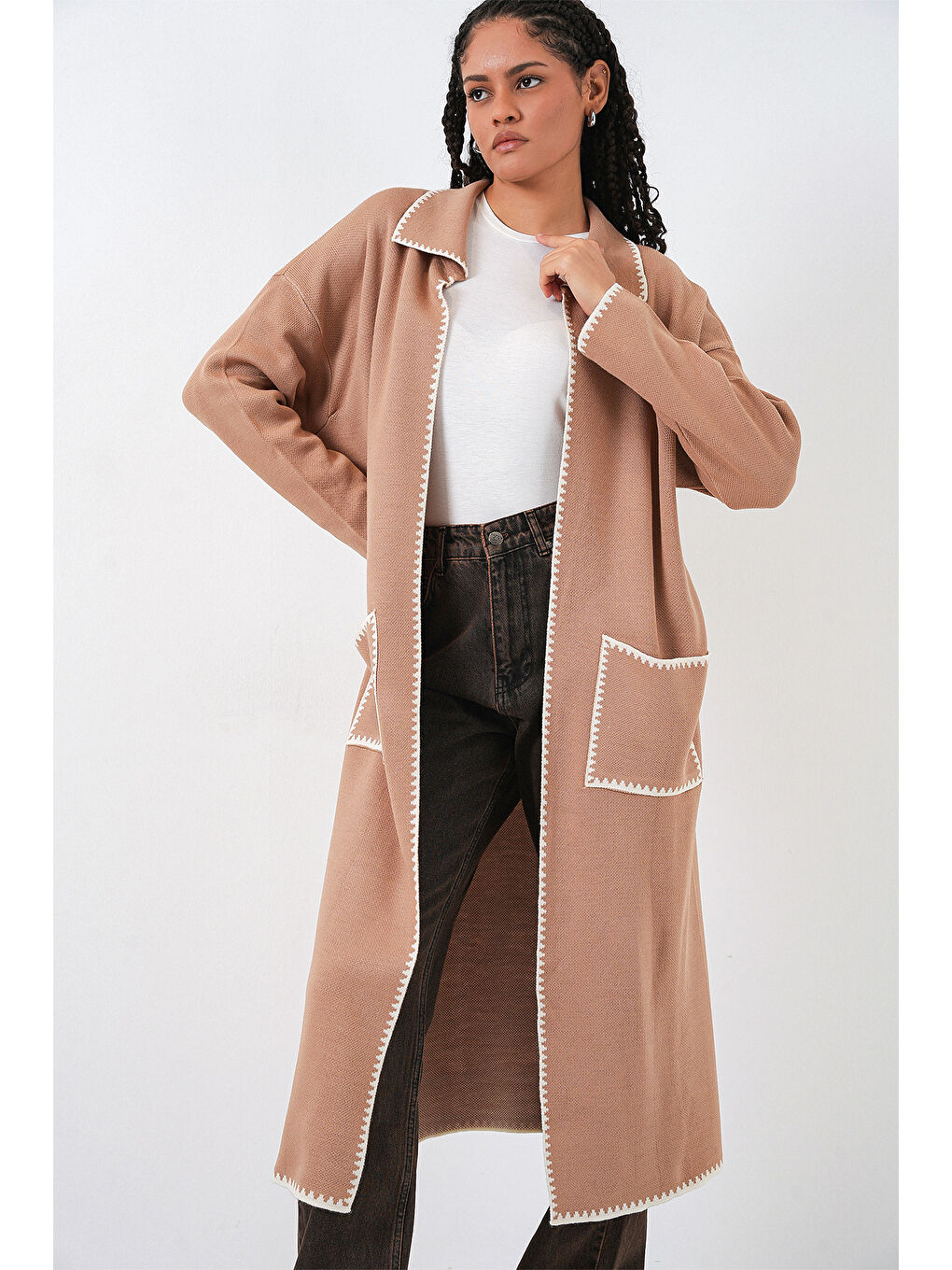 Sarı Kadın Uzun Oversize Triko Hırka 15962 - Camel-3