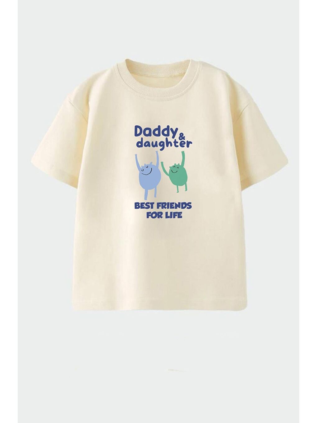 Bej Kız Çocuk Pamuklu Bisiklet Yaka Baskılı T-Shirt