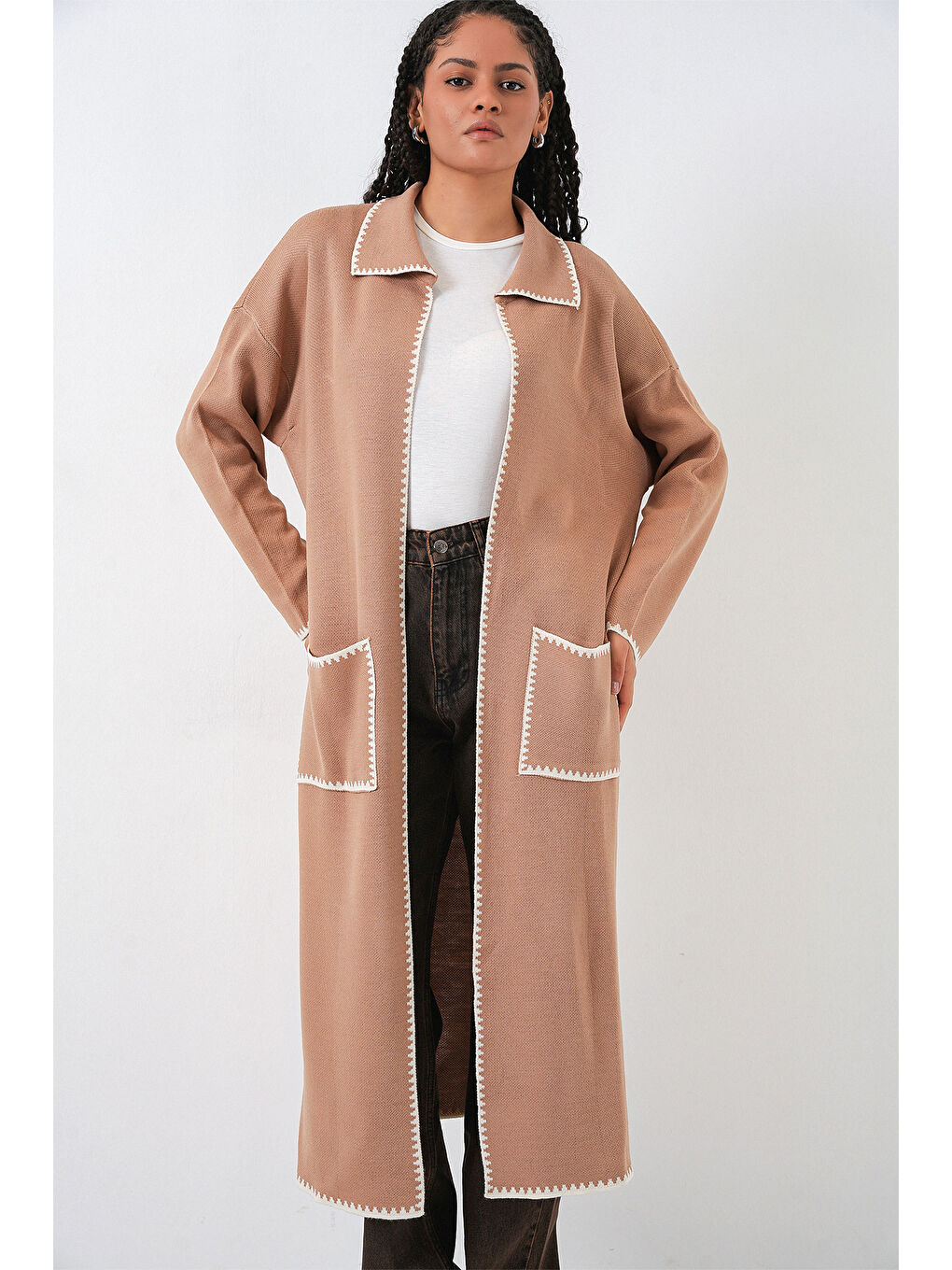 Sarı Kadın Uzun Oversize Triko Hırka 15962 - Camel-4