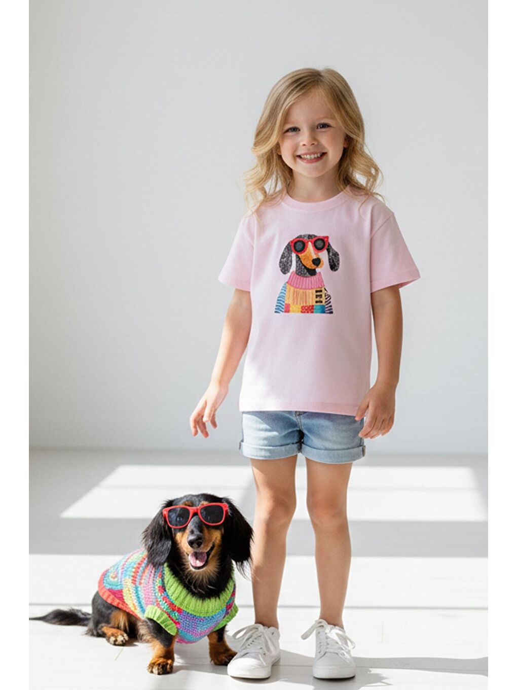 Pembe Kız Çocuk Köpek Baskılı Pamuklu Bisiklet Yaka T-Shirt