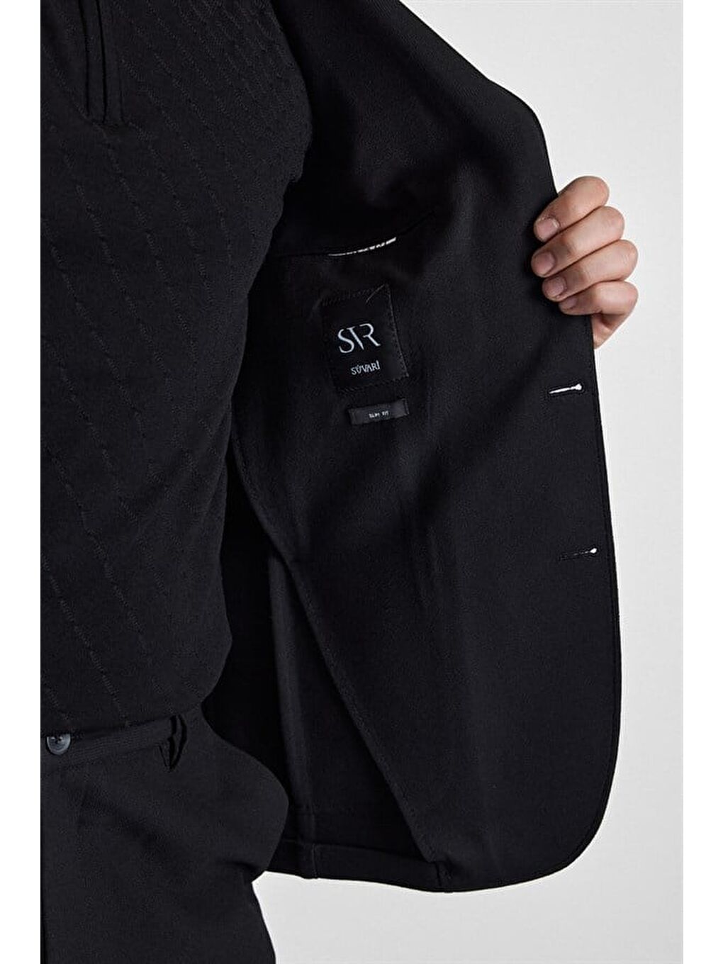 Siyah Slim Mono Yaka Düz Torba Cep 6 Drop Takım Elbise-6